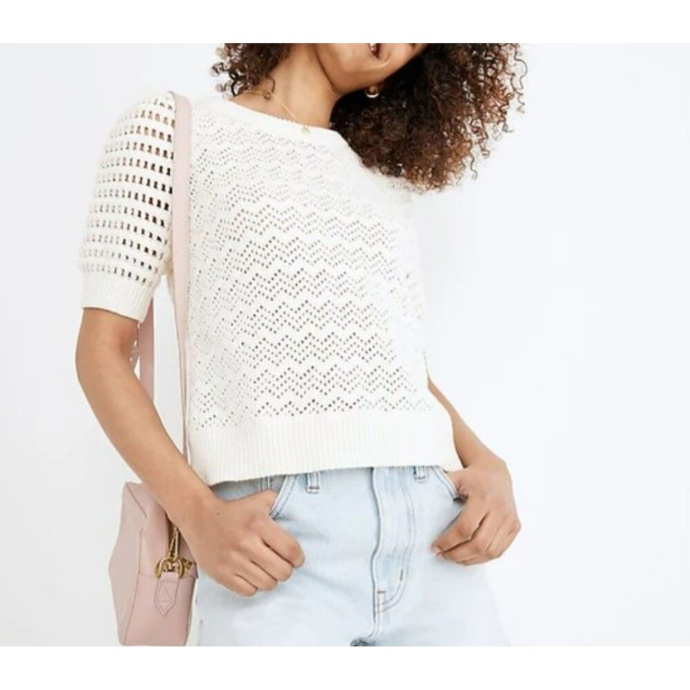 Madewell Atwater Crochet Puff Sleeve Sweater T-Shirt in Lighthouse White Small